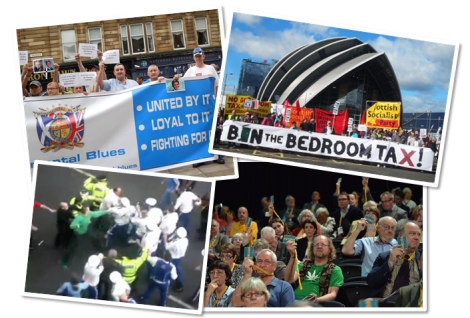 L-R: Regimental Blues at the Trongate last month; Bedroom Tax protest on Saturday; LD conference delegates; a 2009 clash at the Gallowgate