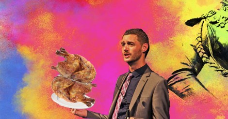 Photoshopped image of Pride Glasgow CEO Alastair Smith holding two rotisserie chickens