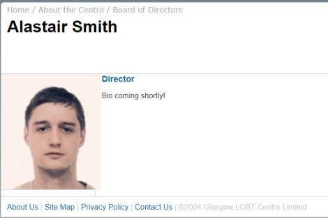 Screenshot from Glasgow LGBT Centre Limited 2004 website with a picture of Alastair Smith citing him as Director and stating "Bio coming shortly!"